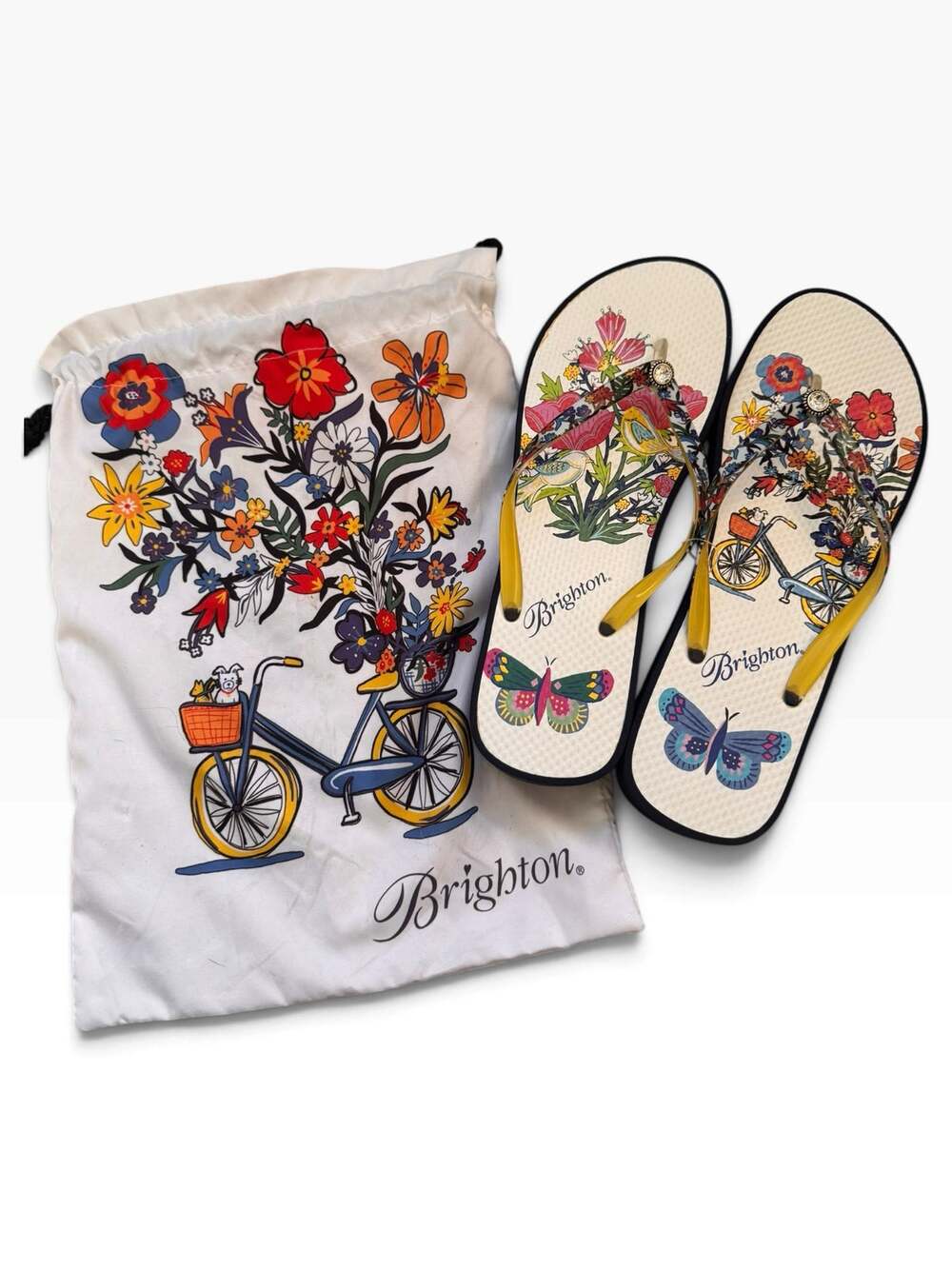 Brighton Floral Flip Flops with Matching Drawstring Pouch — Women’s Size 10